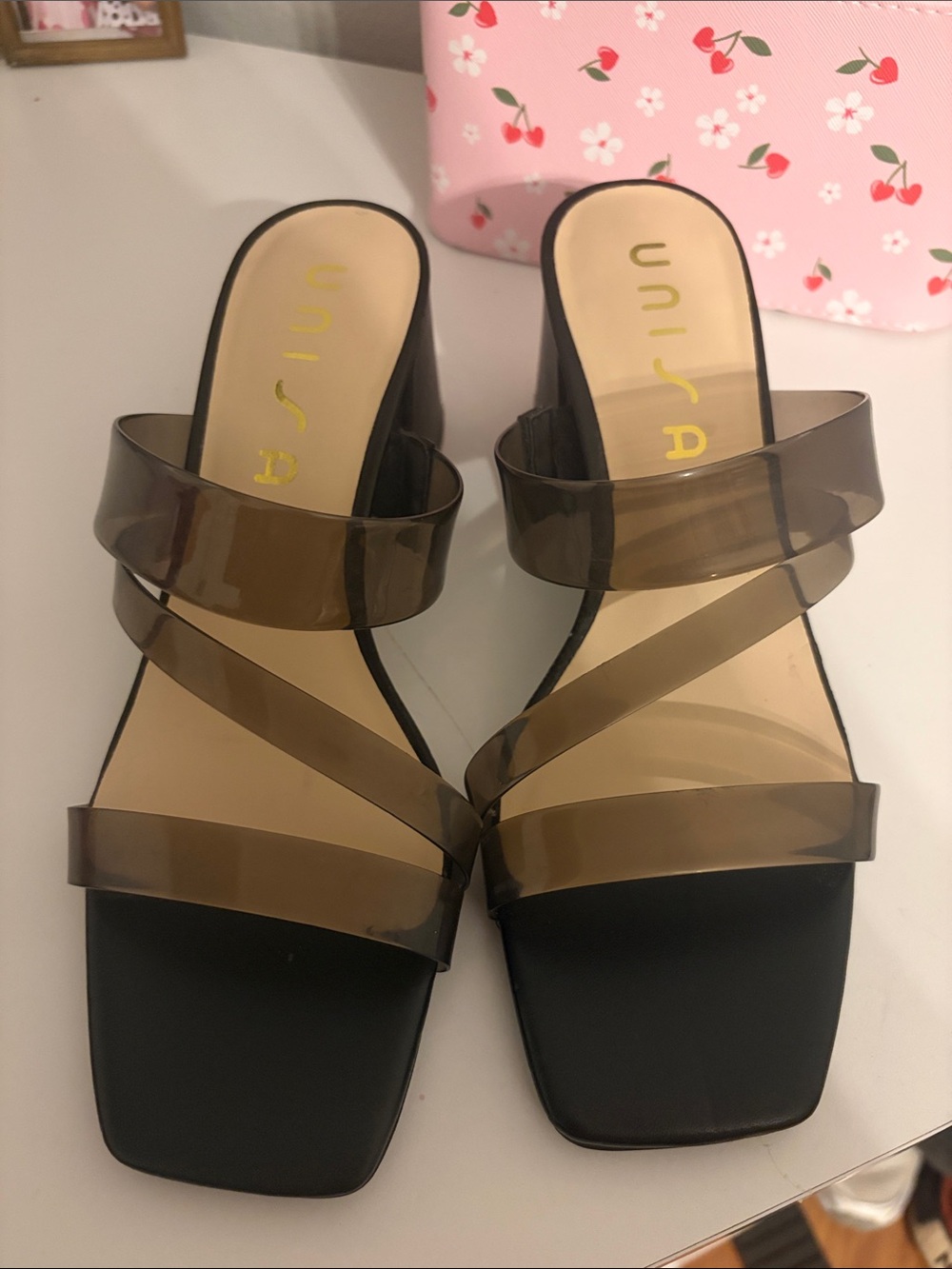 Unisa Black Slides with Smoky Brown Clear Straps